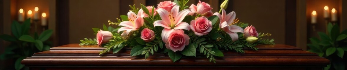 A somber arrangement of lilies and roses sits atop a polished, dark wood casket, ready for a final farewell The soft lighting creates a peaceful and respectful atmosphere , solemn, reflection