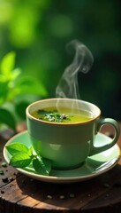 A steaming cup of green tea with fresh herbs, a relaxing and healthy beverage Perfect for wellness, nature, and healthy lifestyle concepts , wellness drink, natural