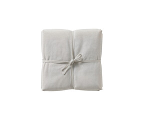 A minimalist still life featuring a neatly folded and tied bundle of light gray cotton cloth on an isolated composition