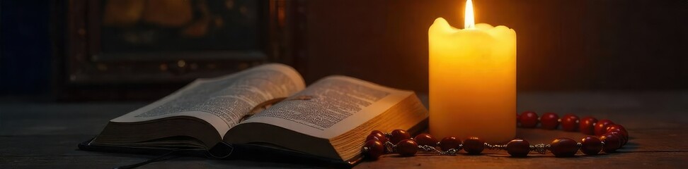 Glowing candlelight illuminates a religious icon, casting warm shadows on a prayer book and rosary beads Perfect for themes of faith, spirituality, and serenity , temple, Islam, church