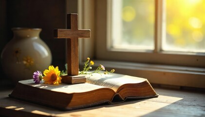 A rustic wooden cross rests on a worn Bible, surrounded by wildflowers and a simple, handmade ceramic bowl Sunlight streams through a nearby window, casting a warm glow , aesthetic, jesus, religious