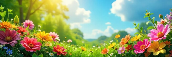 Vibrant summer scene bursting with colorful flowers, lush greenery, and bright sunshine Perfect for summer themes, travel, nature, and joyful imagery , summer, summer holiday, bloom