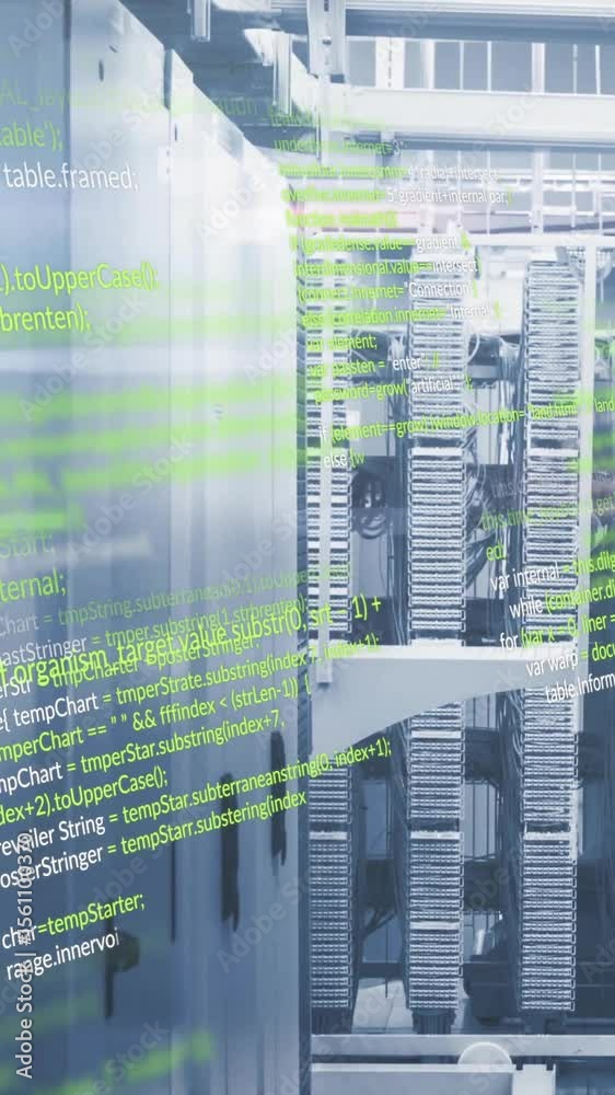 Poster computer code animation over servers in data center