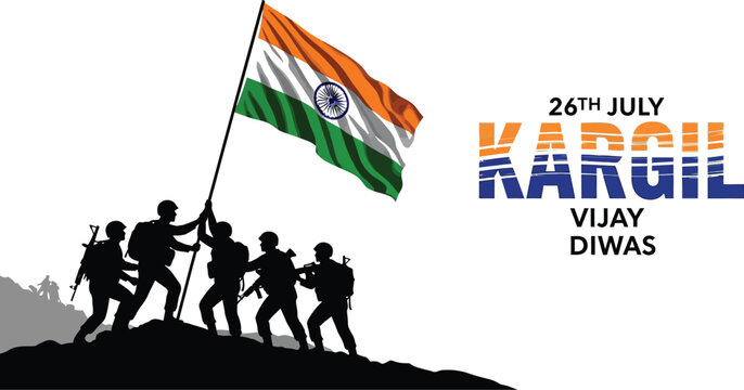 Soldiers raising indian flag on kargil vijay diwas with text on white background illustration