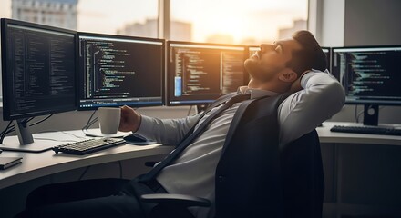Relaxed programmer taking a break, enjoying a coffee while leaning back in his chair, surrounded by multiple computer screens displaying code.