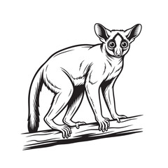 A captivating black and white vector illustration of a galago (bushbaby) perched on a branch. Wildlife Animals.