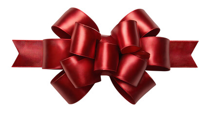 A luxurious shiny red satin ribbon bow with layered loops and pointed ends isolated on transparent background