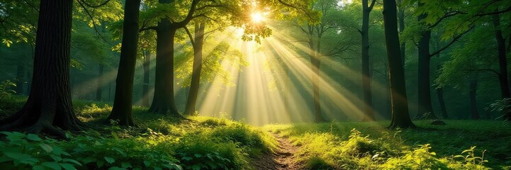 Obraz premium Sunlight streams through a dense canopy of trees in a lush forest, highlighting the textures of bark and leaves The scene evokes peace and the beauty of untouched nature , calm, roots