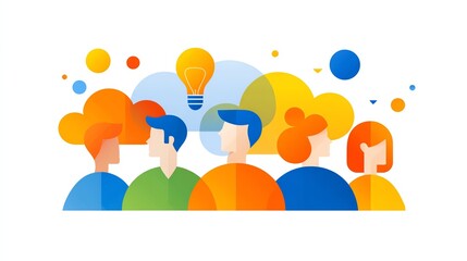 flat infographic-style illustration of brainstorming session, different team members represented by bright symbolic colors, ideas floating into a shared cloud,