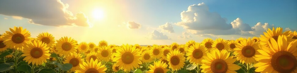Obraz premium A vibrant sunbeam illuminates a field of blooming sunflowers, radiating joy and warmth Perfect for illustrating themes of optimism, well-being, and summer cheer , sunshine yellow, peaceful