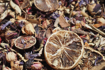 Dried herbs and citrus slices arranged in a natural blend