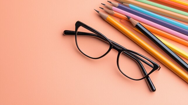 Black Frame Glasses Beside Arranged Colored Pencils on Peach Background Minimalist Aesthetic