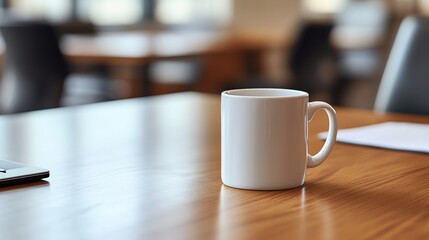 A white mug sits on a light brown wooden table in a modern office setting