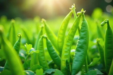 Close-up shot of vibrant green pea pods growing abundantly in a lush outdoor garden, sunlight illuminating the healthy plants Fresh, organic, and ready for harvest , crop, pea pods