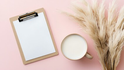A light beige clipboard with blank white paper sits on a pale pink surface. A cream-colored mug filled with milk and a bunch of light beige pampas grass are also present.  Flat lay