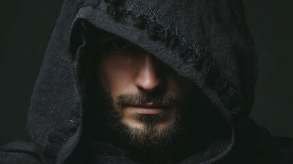 Mysterious man with beard wearing a dark hooded cloak peeking out