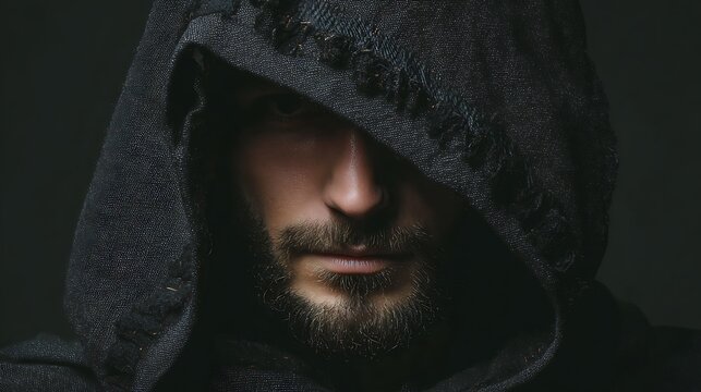Mysterious man with beard wearing a dark hooded cloak peeking out