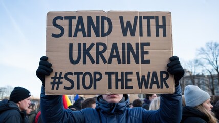 Protest sign advocating for Ukraine and peace.