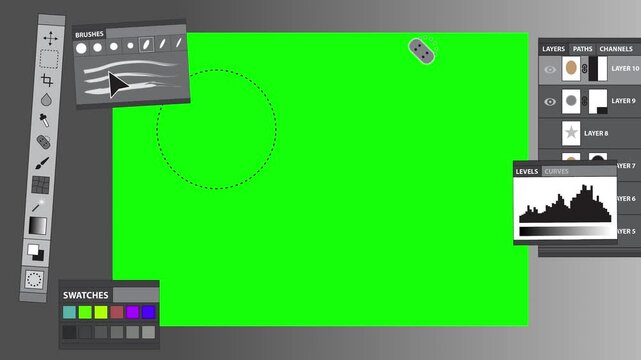 Photo editing or retouching software interface animation with tools, swatches, and panels. Dynamic green screen chroma key template