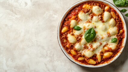 Baked gnocchi with tomato sauce, meat, and melted cheese in a white dish. Fresh basil garnish