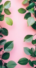 Fresh green leaves frame a soft pink background