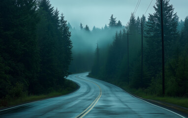 Obraz premium Winding road through a misty forest with tall trees and a cloudy sky above