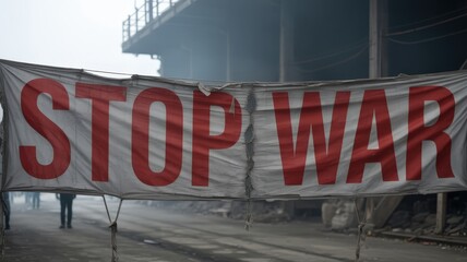 Large protest banner reading "stop war" against a backdrop of destruction.