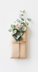 A simple, light-brown wrapped gift box, adorned with fresh, light-green eucalyptus sprigs