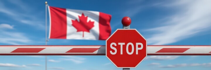 Closed border with a stop sign and Canadian flag.
