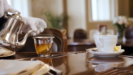 White gloved server carefully pouring silver toned tea from ornate pot into matching cup, positioned on pristine tablecloth within elegant dining setting