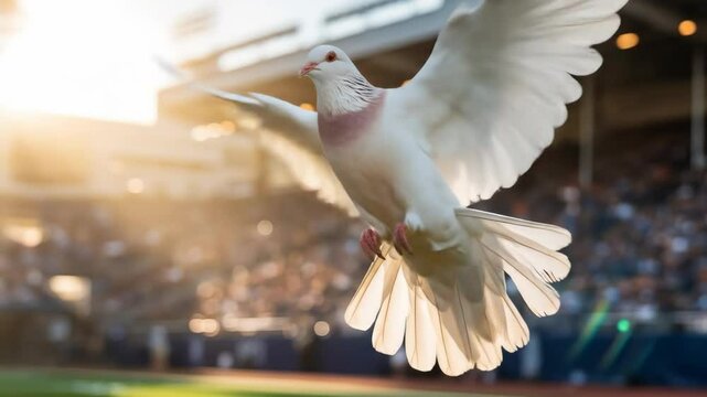 A peaceful white pigeon taking flight above a stadium crowd during a sporting event