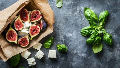 Fresh figs and feta in brown paper, with basil