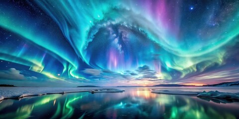 Celestial Dance Over Icy Waters A breathtaking aurora borealis display paints the night sky with vibrant hues, its ethereal glow reflected in a tranquil frozen lake, creating a magical winter scene.