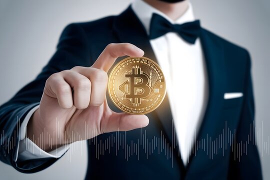 A man in a tuxedo holding a bitcoin with a financial chart overlayed on the bottom portion of the image - Powered by Adobe