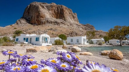 Idyllic beachfront resort nestled amongst vibrant purple flowers and a dramatic mountain backdrop