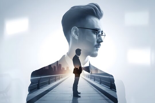 Double exposure of man in suit with city skyline and bridge in monochrome artistic composition - Powered by Adobe