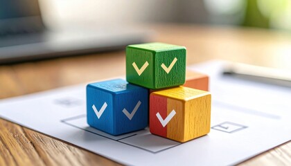 Colorful wooden blocks with checkmarks