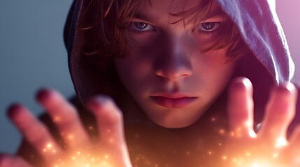 Young boy in a hooded sweatshirt with glowing hands reaching forward