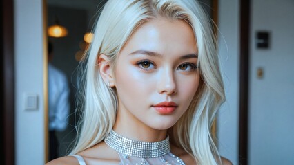 Stunning Blonde Woman: Horizontal Image Highlighting Necklace