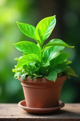 Obraz premium Lush Green Spring Leaves Sprouting in Charming Flower Pot, Refreshing Nature Scene for Home Decor, Blogs, Websites