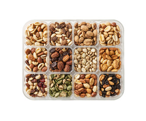 Assortment of trail mix components in transparent containers for custom snack blends and healthy eating choices