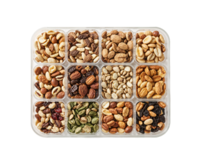 Assortment of trail mix components in transparent containers for custom snack blends and healthy eating choices