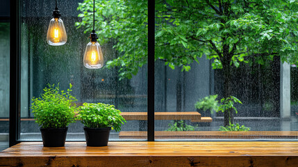 Cozy cafe interior with plants, warm lighting, and rain soaked window creating serene atmosphere