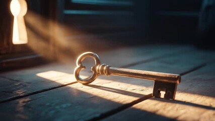 Antique key illuminated by warm light through keyhole on wooden surface dramatic lighting still life historic decorative object detail of ancient key closeup mysterious mood historical theme 