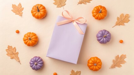 Fototapeta premium Autumn gift mockup with pumpkins and dried leaves on beige background