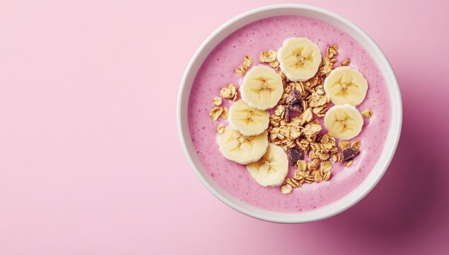 Pink smoothie bowl with banana slices, granola, and chocolate chips - Powered by Adobe