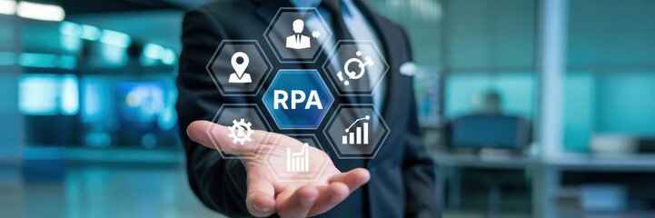 Person holding a digital interface displaying robotic process automation icons.