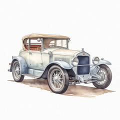 A charming watercolor illustration of a vintage car, delicately painted with soft, nostalgic tones. The classic curves and retro details are captured with gentle brushstrokes