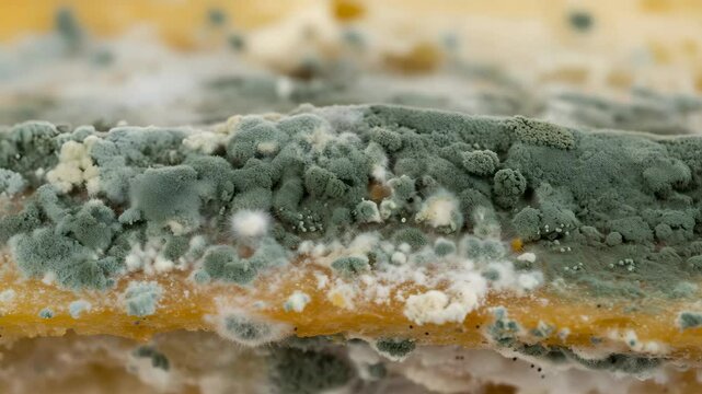 Extreme Close Up of Green and White Mold Growth on Decaying Food Surface Texture