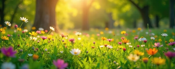 Fototapeta premium Vibrant wildflowers carpet a lush green meadow, bathed in the warm glow of the spring sun New leaves unfurl on trees, creating a breathtaking display of renewal and life , colorful, sunlight